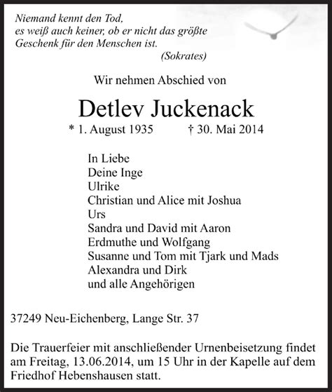 Traueranzeigen Von Detlev Juckenack Trauer Hna De