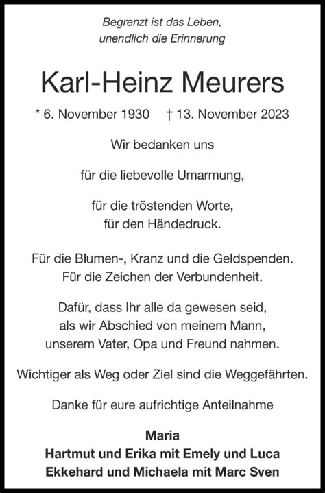 Traueranzeigen Von Karl Heinz Meurers Aachen Gedenkt