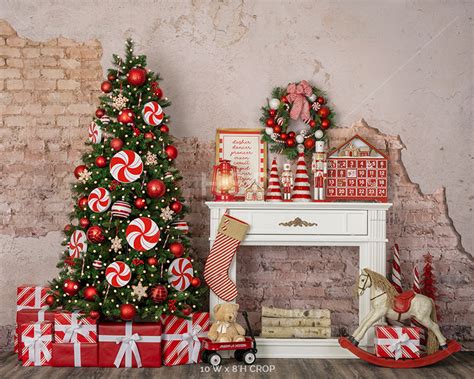 Rustic Christmas candy cane backdrop with fireplace and Christmas tree