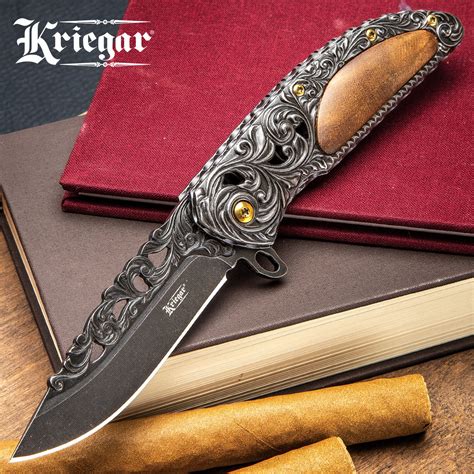 Kriegar Stonewash Fancy Pocket Knife Wood Handle Scrollwork