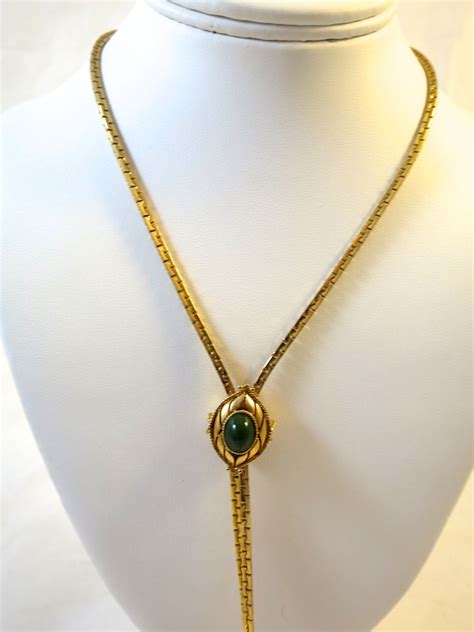 Vintage Lariat Necklace Green Faux Jade Cabochon Slide Gold Tassel Tails 1970 S Signed Sarah