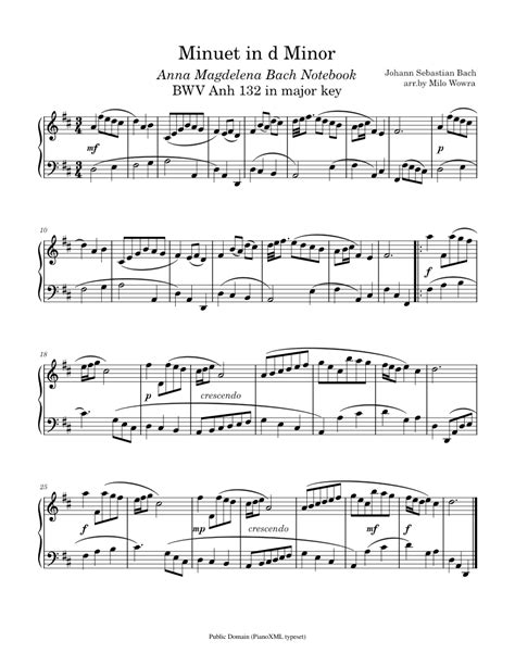 Minuet In D Minor Bwv Anh132 Johann Sebastian Bach Minuet In D Minor In Major Sheet Music