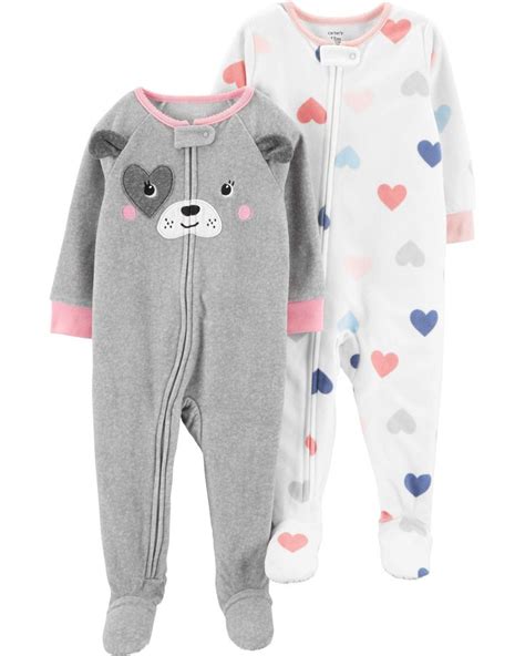 Carters Baby Girls 2pack Fleece Footed Pajamas 3t Dog Faceheart Baby