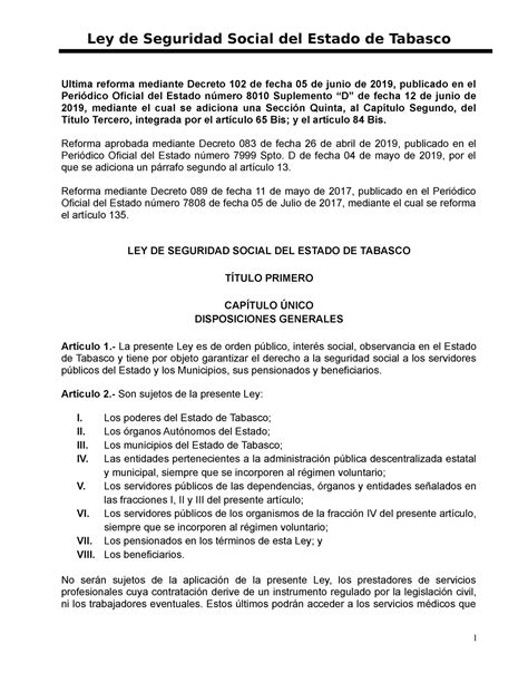 Ley De Seguridad Social Del Estado De Tabasco Ultima Reforma Mediante