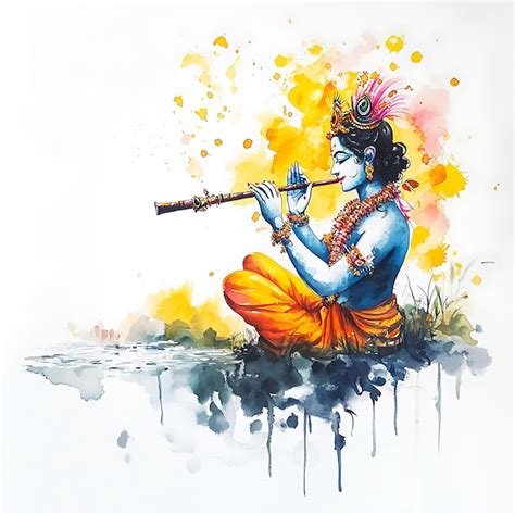 Watercolor Painting Of Hindu God Krishna Playing Flute Premium AI