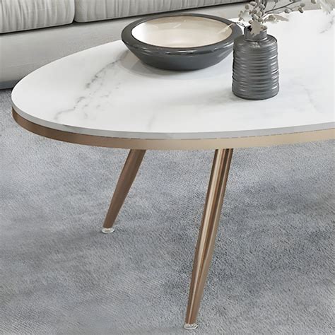 White Oval Stone Top Coffee Table With 4 Iron Legs Single Coffee Table