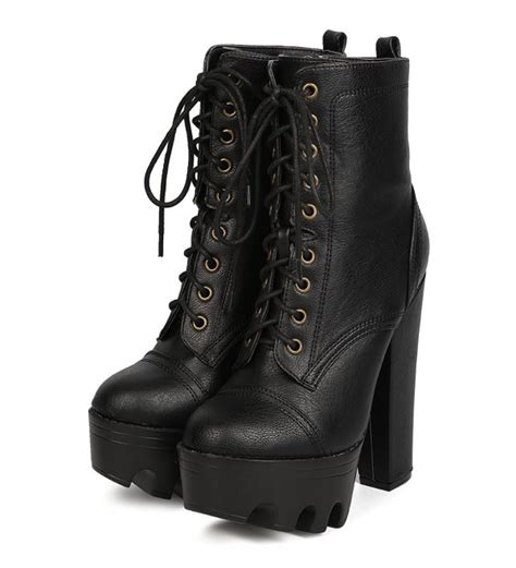 Womens Lugged Sole High Heel Combat Boot Black Cv187crk947