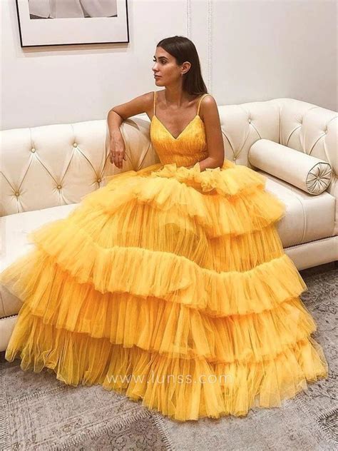 Gold Yellow Tiered Tulle V Neck Spaghetti Strap Prom Gown Lunss