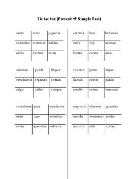 Tic Tac Toe Spanish Past Tense worksheets El Pretérito Indefinido