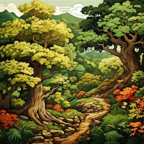 Illustration of a Winding Forest Path Surrounded by Majestic Old Oak ...