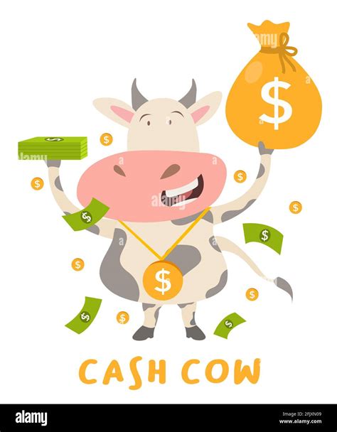 cash cow concept cow character standing happy hold money bag white ...