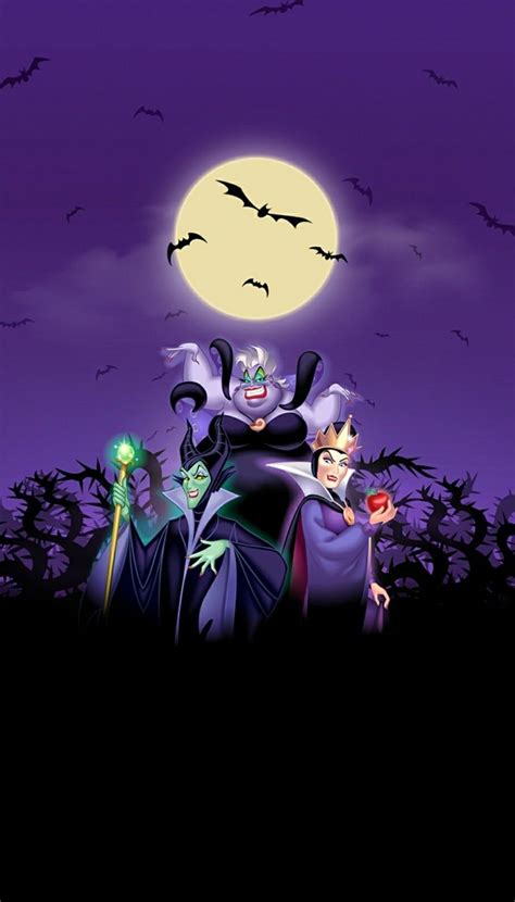 The Evil Queen And Her Friends In Front Of A Full Moon With Bats Flying