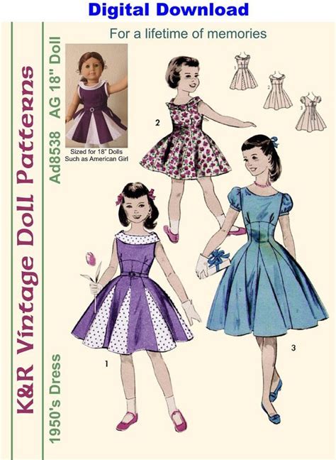 Krvp 8538dd 18 Doll Vintage 1950 S Dress Pattern Digital Download Etsy American Girl Doll