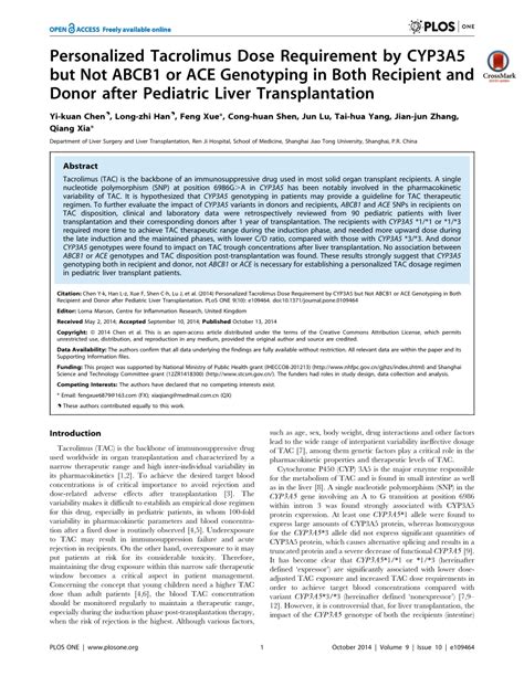 Pdf Personalized Tacrolimus Dose Requirement By Cyp3a5 But Not Abcb1 Or Ace Genotyping In Both