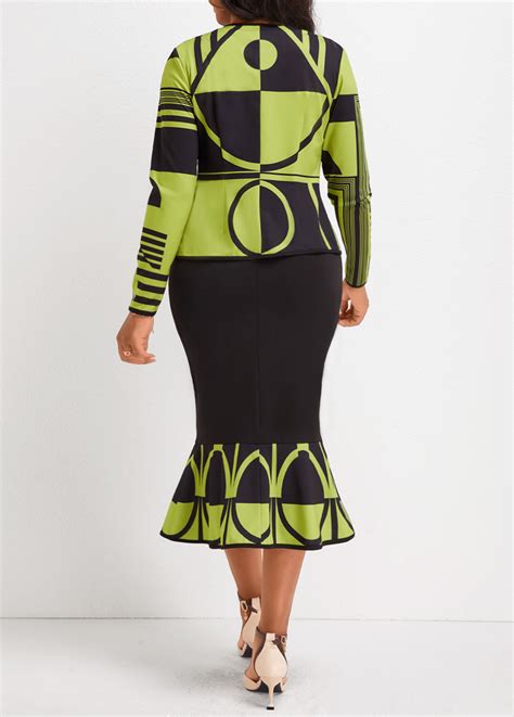 Rotita Mermaid Geometric Print Avocado Green Two Piece Suit Dress And