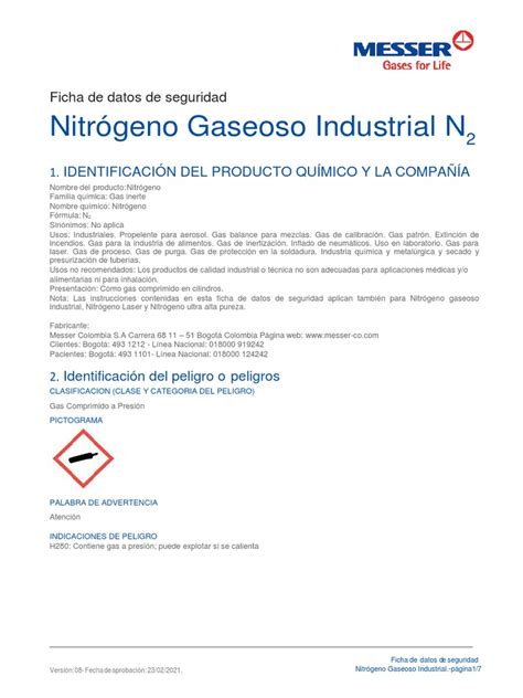 Fichas De Datos De Seguridad Nitrogeno Gaseoso Industrial Pdf