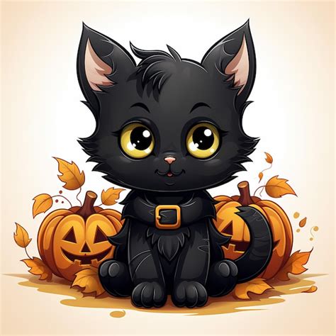 Premium Ai Image Halloween Cartoon Black Cat With Pumpkins