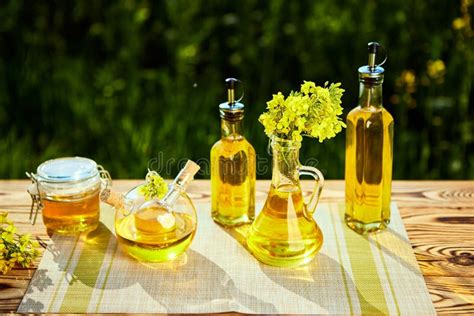 Canola De Las Botellas De Aceite De Rabina En Campo De La Violaci N Del