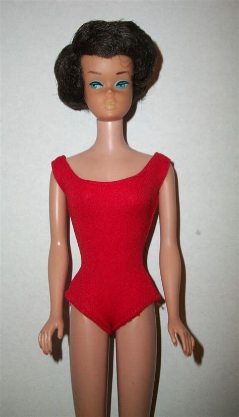 Vintage S Brunette European Side Part Bubblecut Barbie Doll In Red