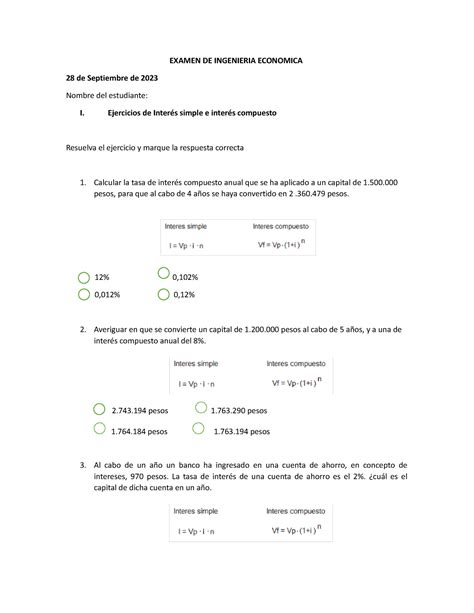 Examen De Ingenieria Economica De Septiembre De Examen De