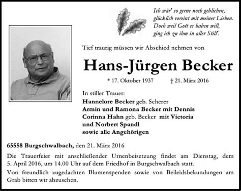 Traueranzeigen Von Hans J Rgen Becker Trauer Rheinmain De