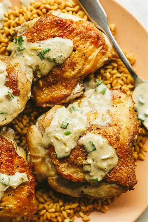 Crispy Scallion Chicken Thighs With Cream Sauce Stem And Spoon