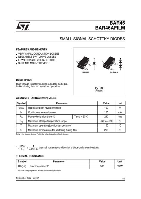 Bar Datasheet Small Signal Schottky Diodes