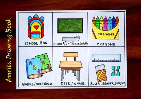 Classroom Objects Drawing | School Supplies Drawing | School things ...