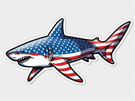 Playful American Flag Shark Sticker In Light Art Style On White