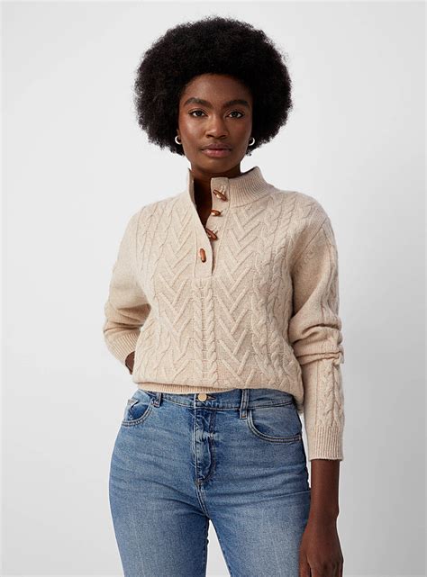 Button Neck Cable Sweater Shetland Wool Contemporaine Shop Womens Turtlenecks And Mock