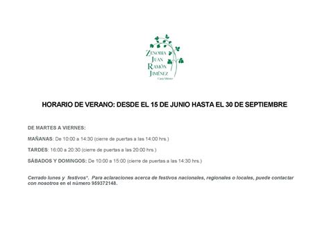 HORARIO DE VERANO 2023 Fundación Casa Museo Zenobia Juan Ramón Jiménez