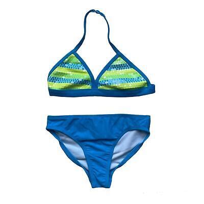 NWOT OP S 6 6X Turquoise Blue Neon Yellow Green Sequin Halter Bikini