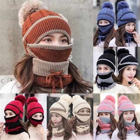 Buy Pdto 3pcs Women Beanie Hat Knitted Pom Pom Scarf Mask Set Winter