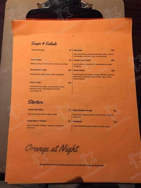 Menu at Orange Café, Montreal