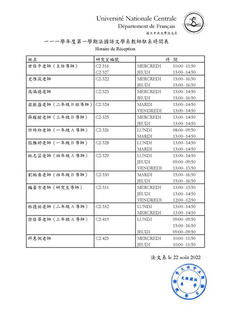 111學年度第1學期法國語文學系教師駐系時間表 國立中央大學法文系