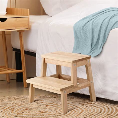 Houchics Wooden Step Stool For Adults Kids Solid Wood Bed