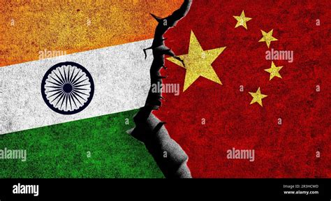 Flag of China and India on wall with crack. China India conflict Stock ...