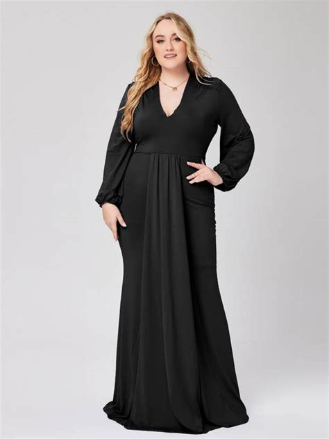 Plus Plunging Neck Lantern Sleeve Maxi Prom Dress Shein Usa