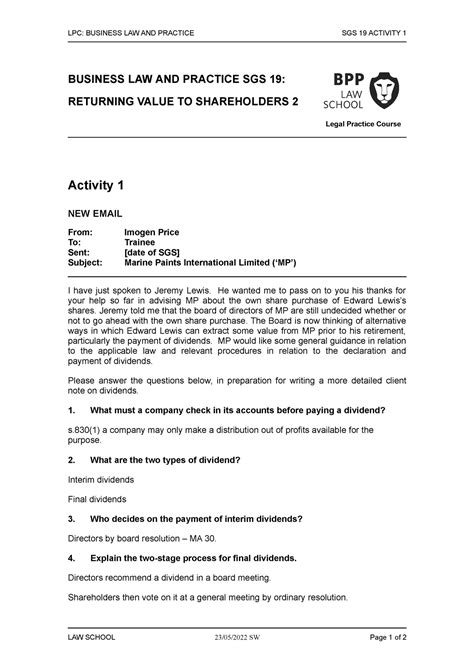 BLP SGS 19 Activity 1 LPC BUSINESS LAW AND PRACTICE SGS 19 ACTIVITY