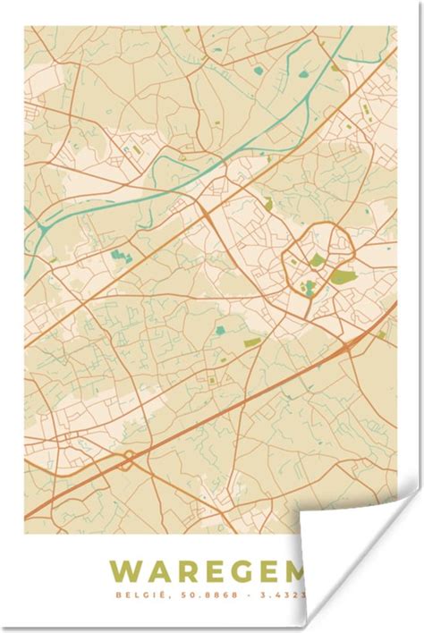 Poster Kaart Plattegrond Vintage Stadskaart Waregem 60x90 Cm