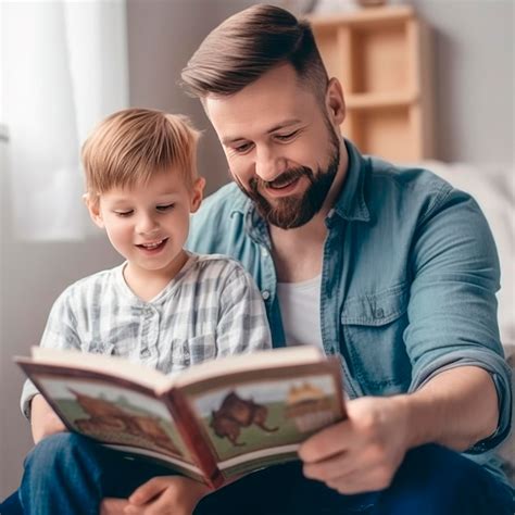 Pai e filho estão lendo um livro e sorrindo enquanto passam um tempo