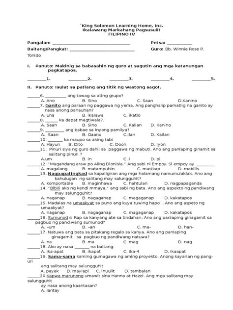 2nd Periodical Test Filipino 4 Pdf