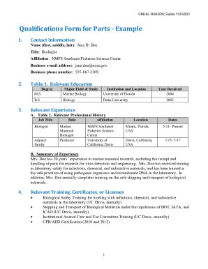 Fillable Online Qualifications Form For Parts Example Qualifications