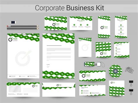 Kit de identidad corporativa con diseño abstracto verde Vector Premium