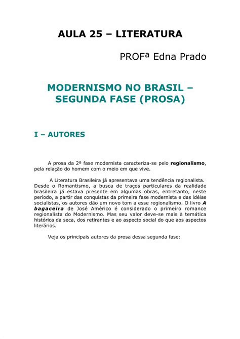 Pdf Literatura Aula Modernismo No Brasil Fase Prosa