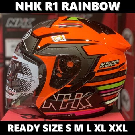 Jual Helm NHK R1 Rainbow Orange Fluo Double Visor Half Face Helem