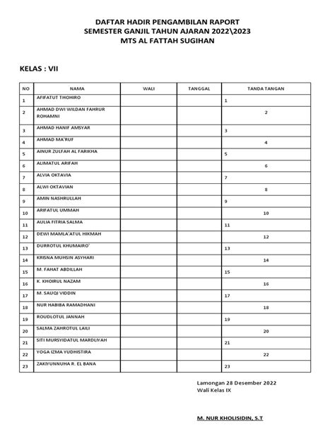 Daftar Hadir Pengambilan Raport Pdf