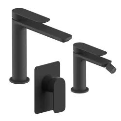 Set Miscelatore Lavabo Bocca Lunga E Bidet Con Incasso Doccia Nero Fusion