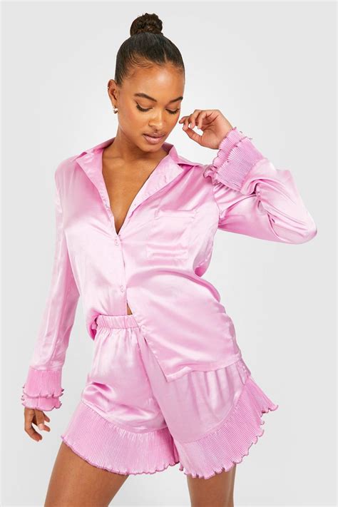 Tall Pleated Frill Satin Shirt And Short Pj Set Boohoo Uk