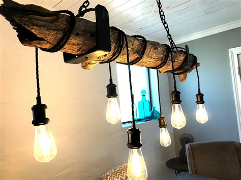 Free Ship Wood Light Fixture 6 Light Log Wrap With Iron Accents Beam